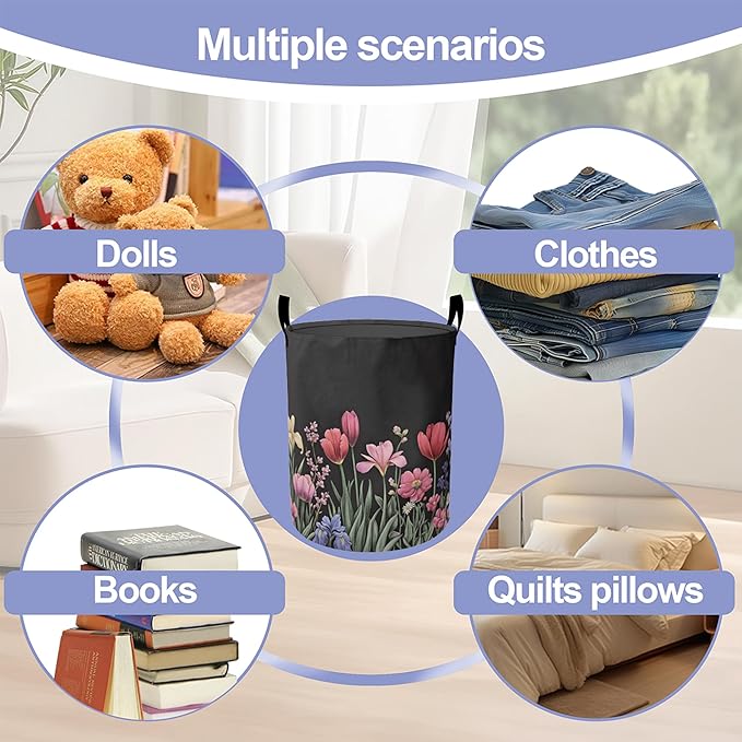 Spring Flowers Laundry Hamper Large Canvas Fabric Lightweight Storage Basket/Dirty Clothes Collapsible Waterproof for College Dorms, Boys and Girls Bedroom,Bathroom