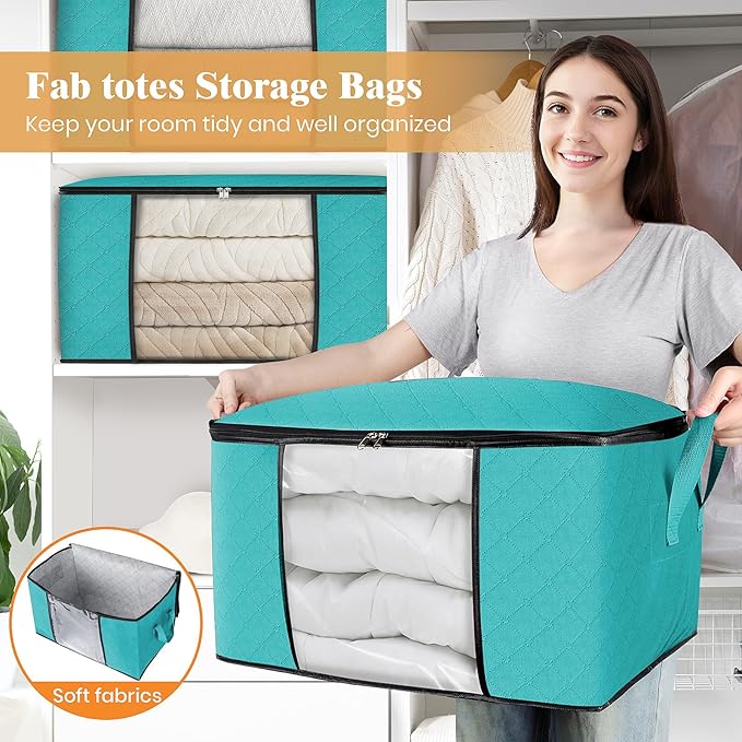 Fab totes Storage Bags, Clothes Blanket Storage Bins Foldable Closet Organizers with Reinforced Handle for Home Dorm Storage and Organization, Fabric Bags for Organizing Sheets, Clothing (Green, 10 Pack)