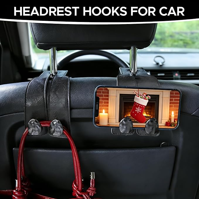 URIZZD 2PCS Leather Car Seat Hooks for Headrest, Vehicle Hanger Storage Organizer Universal for Handbag Purse, Car Accessories Gift (Black-Black)