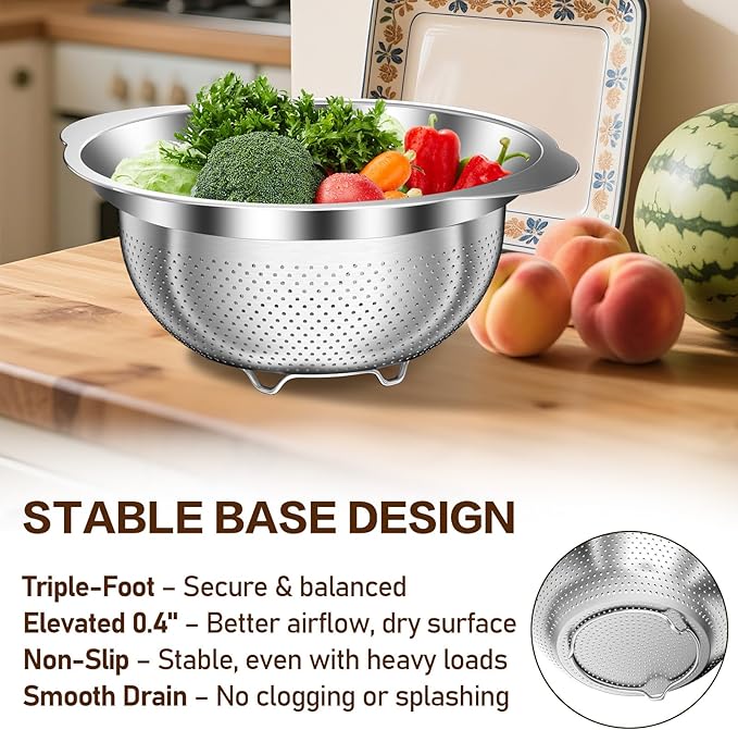 Stainless Steel Strainer with Mixing Bowl, Rice Washer, Colander for Kitchen, Rice Strainer, Fruit and Vegetable Wash, Microporous Colander, Fruit Cleaner Bowl, Dishwasher Safe