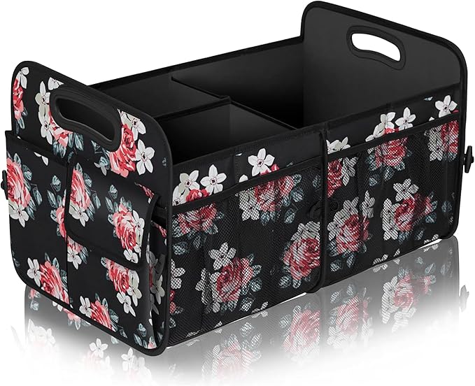 Femuar Car Trunk Organizer, Car Storage Organizer with 72L Large Capacity, Waterproof, Collapsible, and 11 Pockets, Trunk Organizer for Car SUV/Jeep/Sedan, Large Size, Flower