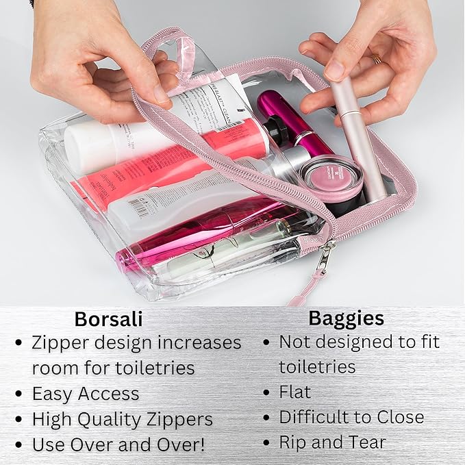 BORSALI TSA Approved Toiletry Bag - Clear Quart Size for 3-1-1 Carry On Travel - Makeup Organizer Cosmetic Pouch with Zipper - Travel Accessories - Rose & Blue 2 Pack