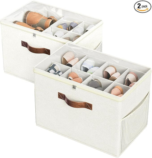 Budding Joy 2 Pack Shoe Organizer for Closet, Clear Foldable Shoe Storage Containers Adjustable Dividers Fits 16 Pairs,Shoe Storage Bins Baskets Boxes with Reinforced Handles Beige