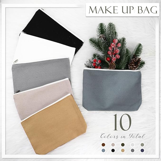 Reginary 10 Pcs Valentines Canvas Makeup Bags Bulk for Women Travel Toiletry Cosmetics Bags Blank DIY Pencil Pouch, Gift for Valentines Patrick's Day Wedding Bridal Shower Coworker (Plain Color)