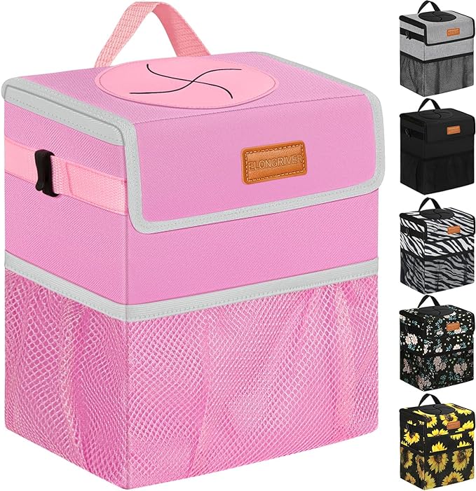 ELONGRIVER Car Trash Can for SUVs, Trucks, Vans - Pink, 2 Gallons Capacity, Leak-Proof Liner, Utility Clasps, Cute Design