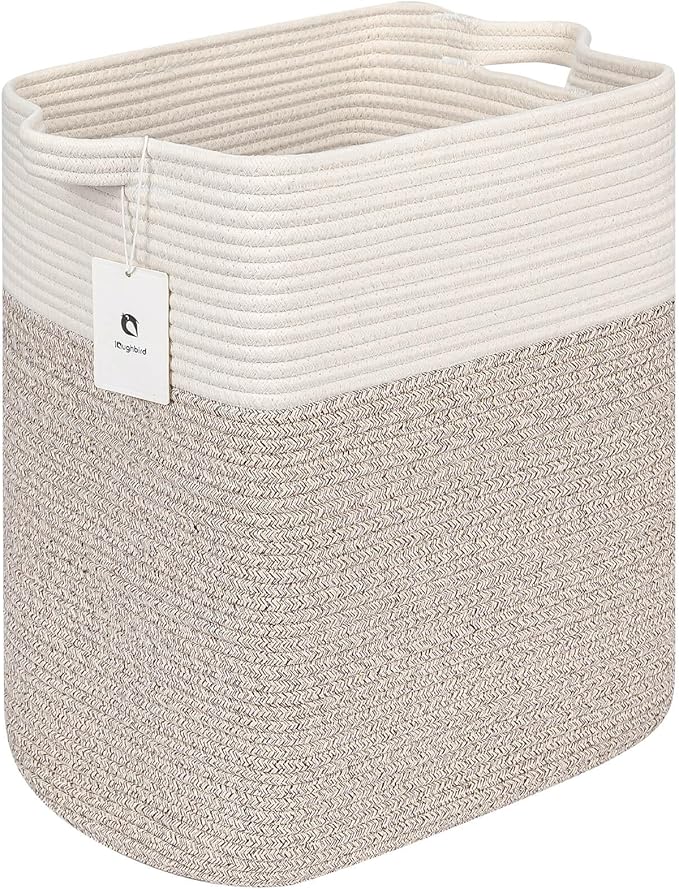 Laughbird Tall Storage Baskets for Clothes Fabric Cotton Rope Storage Basket bin with Handles, Decorative Woven Basket for Living Room,Closet Organizer Blankets, and 2bags Brown 17.8×W12.5×H17.9)