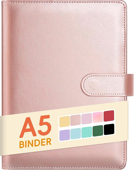 Sooez A5 Notebook Photocard Binder, 6 Ring Planner with Stylish Design, Loose Leaf Personal Organizer Cover with Magnetic Buckle, PU Leather Binder with Soft Colors (Rose Gold)