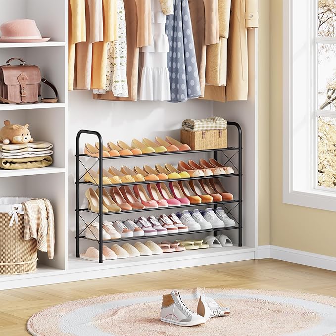 Hoctieon 4 Tier Mesh Style Shoe Rack, Entryway Shoe Shelf, Shoe Storage Organizer, Shoe Rack for Closet, Space Saver for Bathroom, Garage, Hallway, Bedroom, Living Room, Black