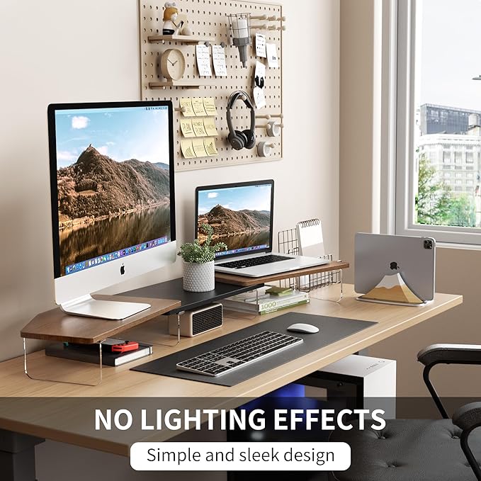 LED Dual Monitor Stand Riser for 2 Monitors,Office Desktop Wooden Stand Adjustable Length and Angle 3 Shelf,Extra Long Multifunctional Stand up to 44.4" for Computer,Laptop,TV,Walnut Finish
