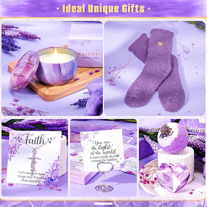 Christian Gifts For Women Faith - Inspirational Religious Birthday Gifts, Purple Spiritual Baptism Baskets For Mom, Grandma, Wife, Mothers, Best Friend, Sister,Catholic&Encouragement Birthday Baskets