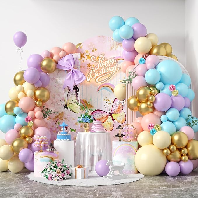 Pastel Balloon Arch, Rainbow Balloon Arch Kit with 18/12/5 inch Macaron Pink Yellow Purple Orange Teal Blue Gold Latex Balloon for Birthday Baby Shower Wedding Pastel Party Decorations