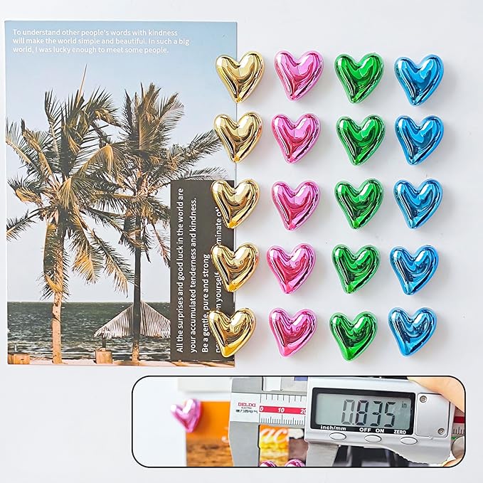 20PCS Heart Refrigerator Magnets,Mixed Gold Pink Blue Green 4 Colors,0.83inch Small Magnets for Fridge,Cute Colorful Plastic Love Heart Photos Magnetic Stickers for Whiteboard
