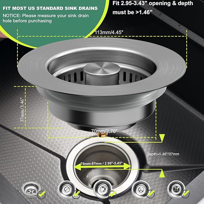 Sink Drain Strainer 3 in 1, 304 Stainless Steel Pop Up Sink Stopper, Anti-Clogging Sink Strainer, Kitchen Sink Strainer, Drain Cover and Kitchen Accessories for US Standard Sink(Silver)