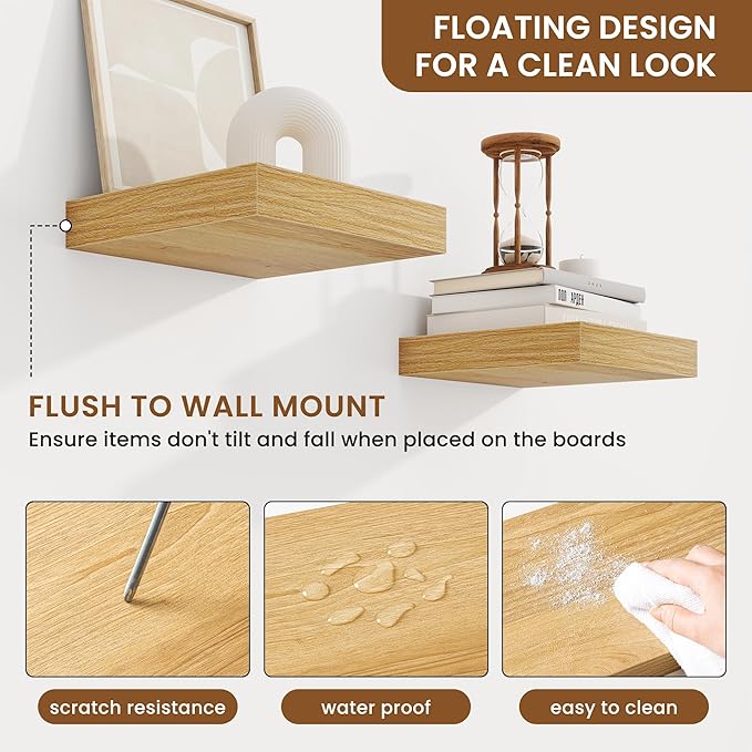 fuqing Floating Shelves for Wall, Wall Mounted Wood Floating Shelf with Invisible Brackets for Living Room, Bathroom, Bedroom, Kitchen Storage and Decor, 6.5 Inch Set of 3, Oak