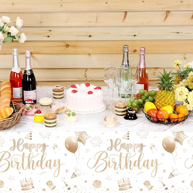 Tudomro 3 Pcs Happy Birthday Tablecloths Happy Birthday Party Decorations Plastic Table Cover Rectangular Cloths for Women Men Baby Shower Party Supplies, 108 x 54 Inch (Champagne)
