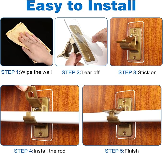 Antimbee 6-Pack No Drill Needed Curtain Rod Holders Brackets, Self Adhesive Rod Holder Hooks, Multipurpose Nail Free Stick on Curtain Rods Hooks-Transparent Rustic Brown