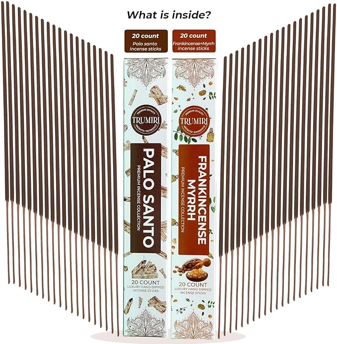 Trumiri Incense Sticks - Combo Pack of 40 Insence-Sticks - 20 Palo Santo + 20 Frankincense Myrrh - Insenses - Insents - Incents - Inscense - Incence - Incienso - All Natural Incense Sticks