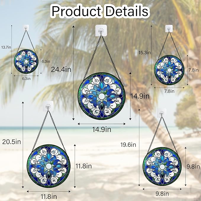 Stained Glass Window Hanging, Boho Style Sun Catchers Diamond Glass Panel Hangings Tiffany Suncatcher Decor for Birthday for Women, Men, Wife, Aunt, and Mom 14.9x14.9 in