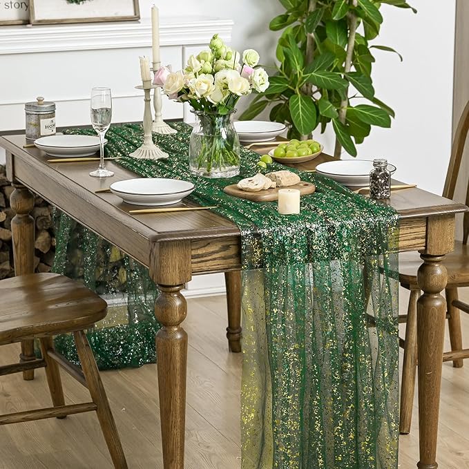 Horaldaily Green Gold Gauze Tablecloth 60x104 Inch Rectangular, Green Sequin Glitter Metallic Foil, Sheer Tulle Cheesecloth for Wedding Baby Shower Ceremony Birthday