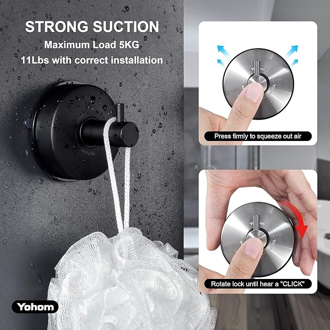 YOHOM Suction Cup Hooks Shower Towel Holder Stainless Steel Vacuum Bathroom Shower Hook Suction Towel Rack Kitchen Organizer for Bathrobe Loofah Matte Black 4Pcs