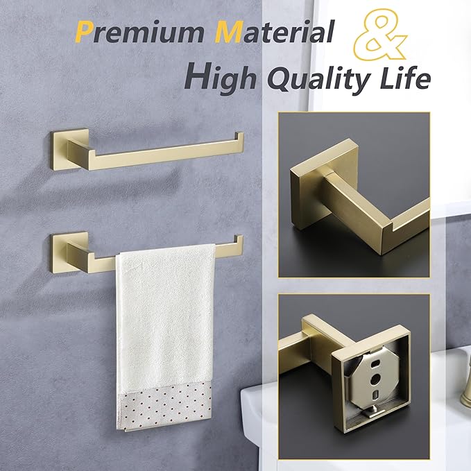 LANC Bathroom Hand Towel Holder Brushed Gold Hand Towel Bar 10 Inch Right Side Square Towel Ring for Kitchen Restroom Wall Mounted Stainless Steel Modern Towel Racks Hanger, A8806BG