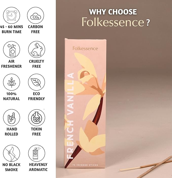 Folkulture Vanilla Incense Sticks | Pack of 75 Fall Insence-Sticks | Vanilla Incents with 45 Mins Burn Time | Fall Scents for Meditation | Organic Insence-Stick, Natural Inscents-Sticks for Relaxing