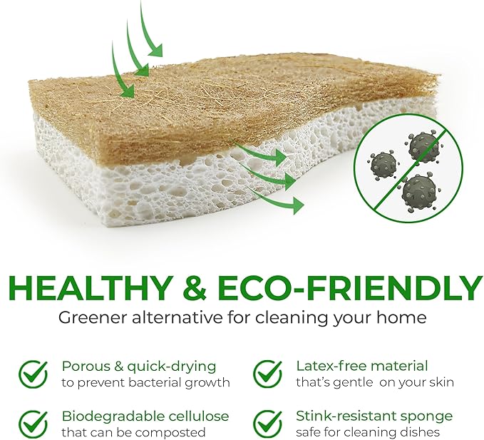 AIRNEX Biodegradable Natural Kitchen Sponge - Compostable Cellulose and Coconut Walnut Scrubber Sponge (12 Pack)