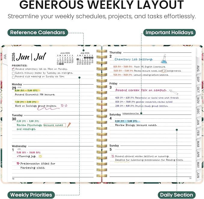 Planner 2026-2027, Academic Year Monthly and Weekly Calendar Planner, Jul 2026 - Jun 2027, Hardcover Teacher Student Planning Agenda book with Tabs, Perfect for School Office Supplies, 6.3" x 8.5" - Blush Peony