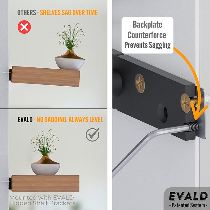EVALD LevelMate™ 8" Titan-Mount Floating Shelf Brackets | Heavy Duty Hidden Black Carbon Steel Wall Supports for Wood Mantel, Bookshelf, Kitchen & Office Shelving | Invisible Bracket Hardware (4 Pack)