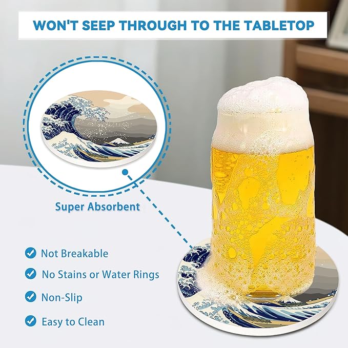 Japanese Style Waves Round 4" Cup Coasters Set of 4, Absorbent Ceramic Coasters with with Cork Backing, Table Home Decor, Gifts for Women Men