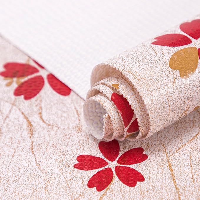 RAY STAR 18X96 Inch Shelf Liner for Kitchen Cabinets, Non-Adhesive Cabinet Liner Washable, PVC Drawer Liner for Dresser Non-Slip Bathroom (Red Floral)(1 Roll)