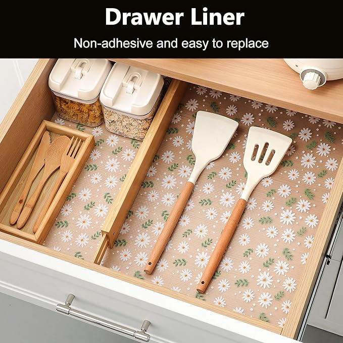 INNOLITES Shelf Liner for Cabinets, Non-Adhesive for Kitchen Drawer Liner, Waterproof Shelf Paper with Floral Pattern, Durable Easy to Clean (Green Daisy, 17.5" x 360")