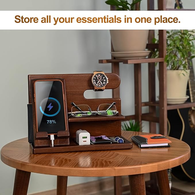TESLYAR Wood Phone Docking Station for Men - Desktop or Nightstand Organizer - Birthday Gifts for Men, Dad - Anniversary Idea from Wife - Key Holder, Stand Wallet, Watch & Essentials (Chestnut)