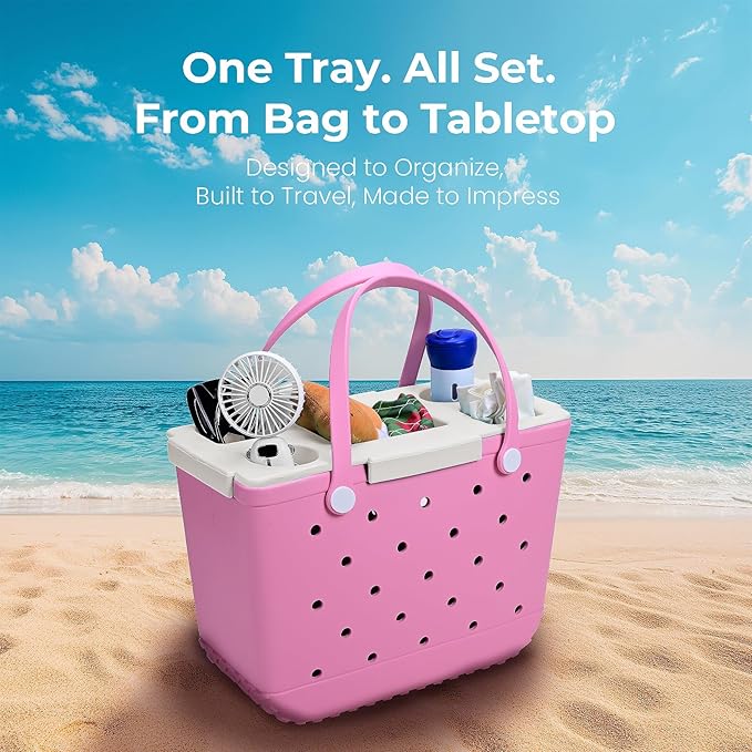Tote Topper Tray Accessories for Bogg Bag Large Only – Waterproof EVA Table Top Organizer Lid with Cup Holder, Snack, Phone & Drink Holders for Beach, Pool, Picnic, Travel (White)