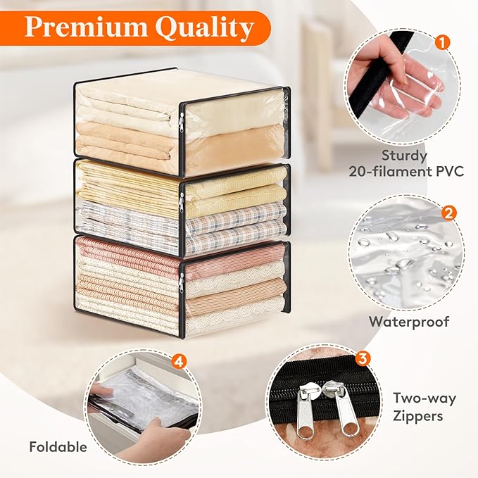 Lifewit 36L Clear Sheet Storage Bags with Zipper 4 Pack, Plastic Sweater Storage Bins for Clothing, Vinyl Foldable Clothes Containers Organizers for Closet, Blankets, Bedding 17.7 x 15.7 x 7.9 Inch