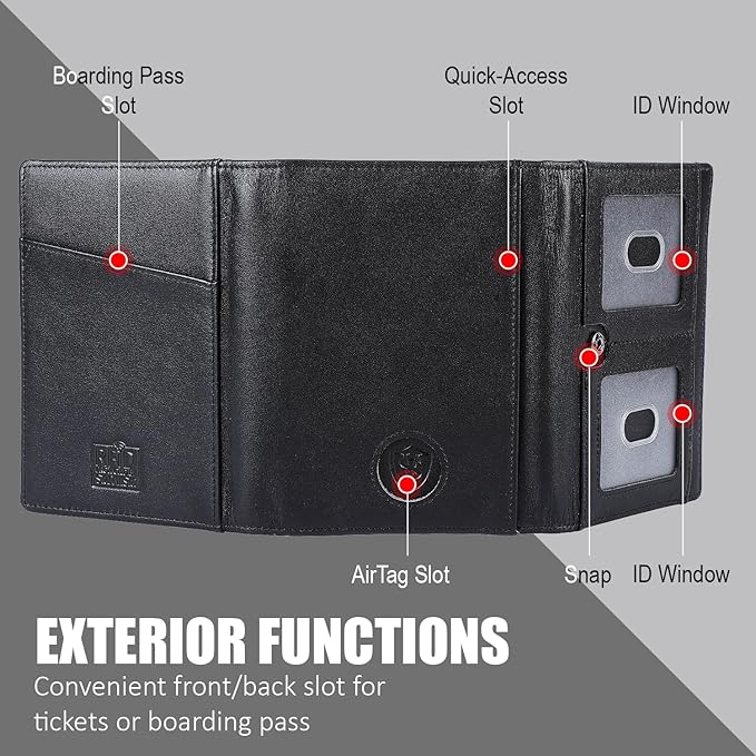 STAR VISTA Pilot Passport Wallet, Calfskin Leather Trifold Travel Documents Organizer, RFID Blocking, Dual ID Windows, Multiple Card Slots, AirTag Slot, Black