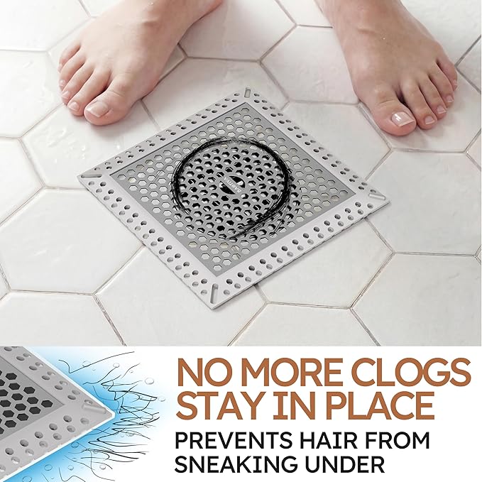 Not Moving Shower Drain Hair Catcher,Effective Hair Catcher Shower Drain,Square Flat Shower Drain Cover Protector Filter,Efficient Drainage,Hair Trap Stopper (Gray, 4 inch)