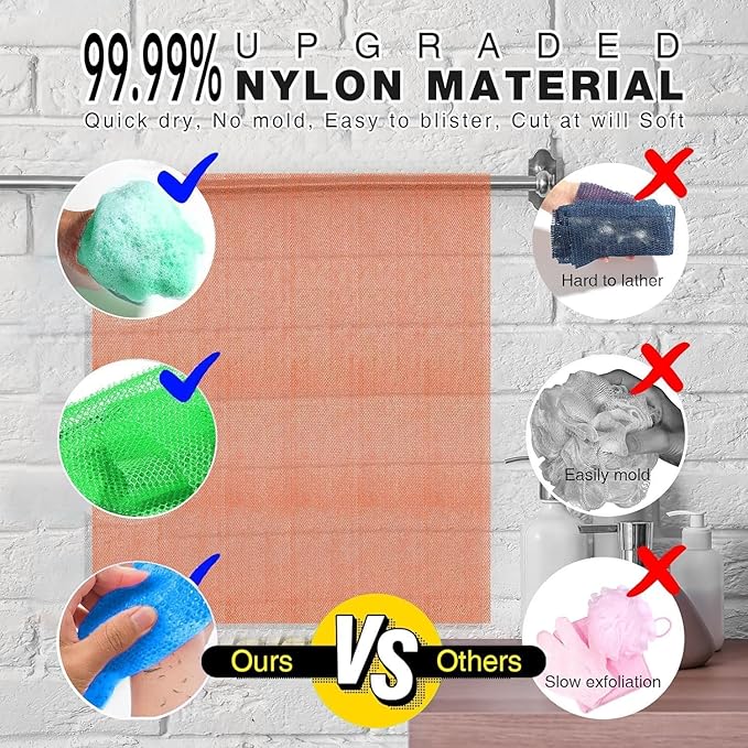 UJFQBH 3 Pieces African Bath Sponge African Net Long Net Bath Sponge Exfoliating Shower Body Scrubber Back Scrubber Skin Smoother,Great for Daily Use (Pale Purple, Blue, Green)