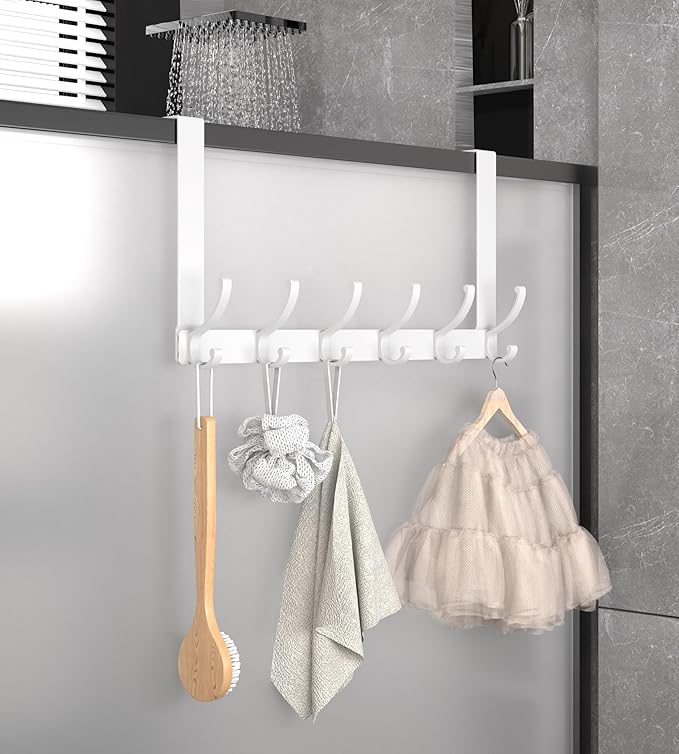 KitchLife Over The Door Hooks Hanger with 7 inches Extended Arms, Fits 1-3/4" Doors, F18U, Bathroom Towel Rack Organization, Thickened 6-Double Hook, Glossy White