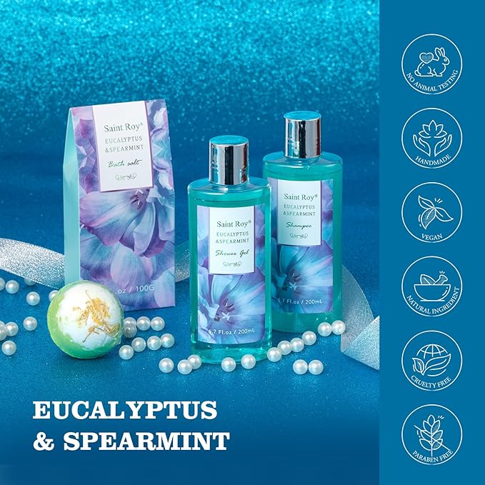 Bath and Body Basket Set Luxury EUCALYPTUS & Mint Spa Gift Basket for Women, Unique Bath Gift Baskets Gifts, Home Spa Kit Christmas Gifts for Women, birthday gift baskets for Dad Mother's Day