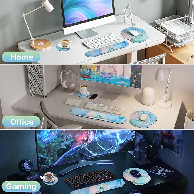 Mouse Pad Blue, 3-in-1 Mouse Pad with Wrist Rest for Keyboard and Mouse, Gaming Mousepad with Anti-Skid Base,Ergonomic Memory Foam Keyboard Gel Wrist Rest, Office Desk Accessories for Women