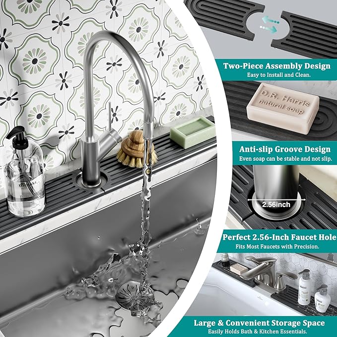 Stone Faucet Mat for Kitchen Sink - Quick Dry Diatomite Sink Splash Guard, Prevents Moisture Buildup & Water Stains, Water Absorbing Stone Tray for Bathroom Countertop (Dark Gray, 23.6" x 4")