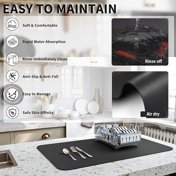 HotLive Dish Drying Mat for Kitchen Counter, Heat Resistant Drainer Mats with Non-slip Rubber Backed, Hide Stain Kitchen Super Absorbent Draining Mat, Easy to Clean Dish Rack Pad, Black 16"x20"