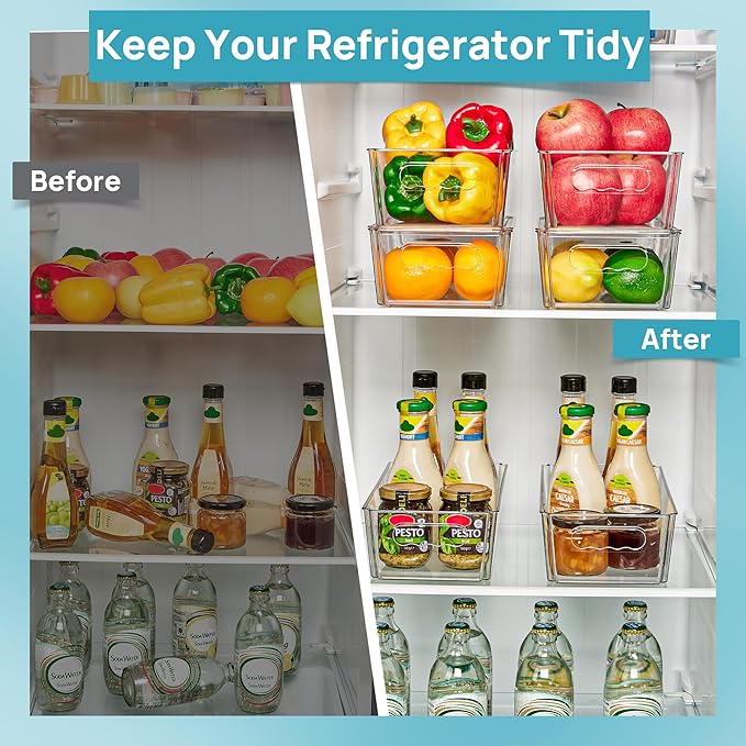 Vtopmart 10pcs Clear Organizers and Storage Bins with Lids, Stackable Plastic Storage Containers with Handles for Fridge, Freezer, Pantry, Cabinet, Kitchen Organization