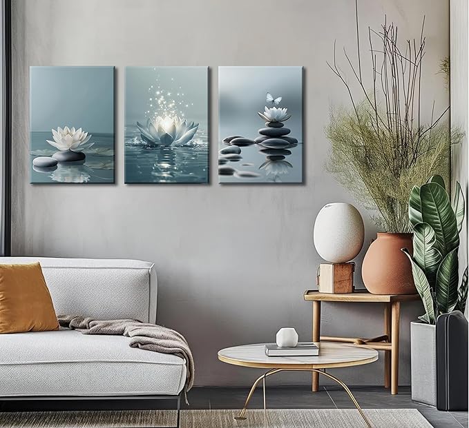 3Pcs Zen Stones Lotus Spa Canvas Wall Art White Lotus Blooming on Stones Painting Picture Wall Decor Modern Spiritual Poster Print Artwork for Yoga Meditation Spiritual Room Bathroom Home Decoration