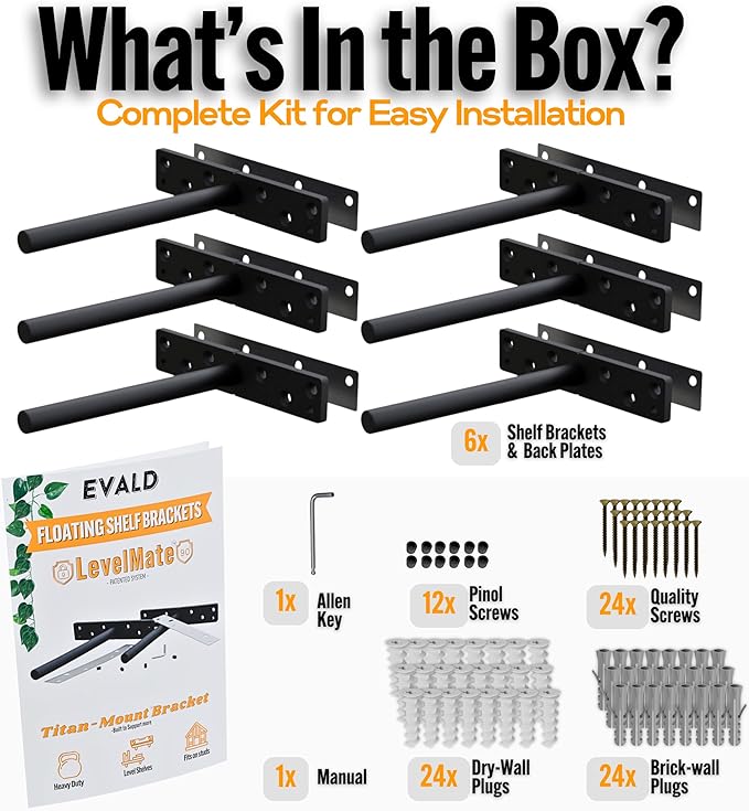 EVALD LevelMate™ 6" Titan-Mount Floating Shelf Brackets | Heavy Duty Hidden Black Carbon Steel Wall Supports for Wood Mantel, Bookshelf, Kitchen & Office Shelving | Invisible Bracket Hardware (6 Pack)