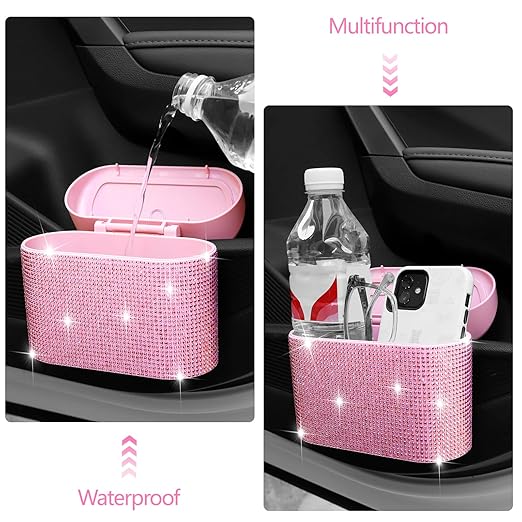 NBTEPEM Bling Pink Car Trash Can with Lid, Mini Auto Garbage Can with 30 Trash Bags, Automotive Garbage Container Bin, Bling Car Accessories Trash Can for Women (Pink Diamond)