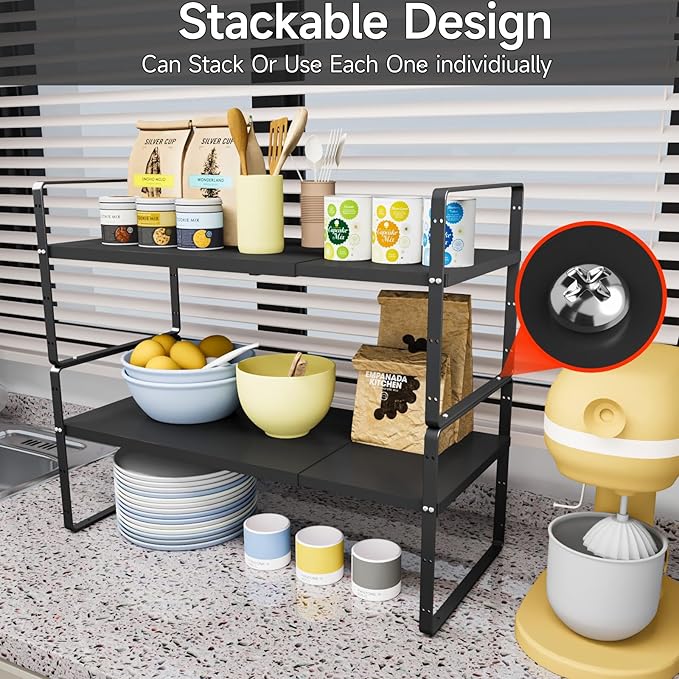 16.5-27"L Expandable Kitchen Shelf Organizer, Stackable Shelf Organizer, Adjustable Height Pantry Spice Rack for Cabinet, Countertop, Pantry, and Cupboard, Black