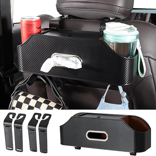 Sancaral Car Rear Backseat Extra Multifunctional Drink Cup Holder Organizers with Tissue Storage Box Organizer & Hooks for Car Seat Back. imitation carbon fiber texture