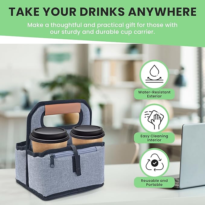Good E's 4 Cup Reusable Coffee Cup Carrier for Delivery, Insulated, Waterproof, Portable Tote Bag Drink Holder with Leather Handle Organizer for Cold/Hot Beverages (16oz to 24oz)